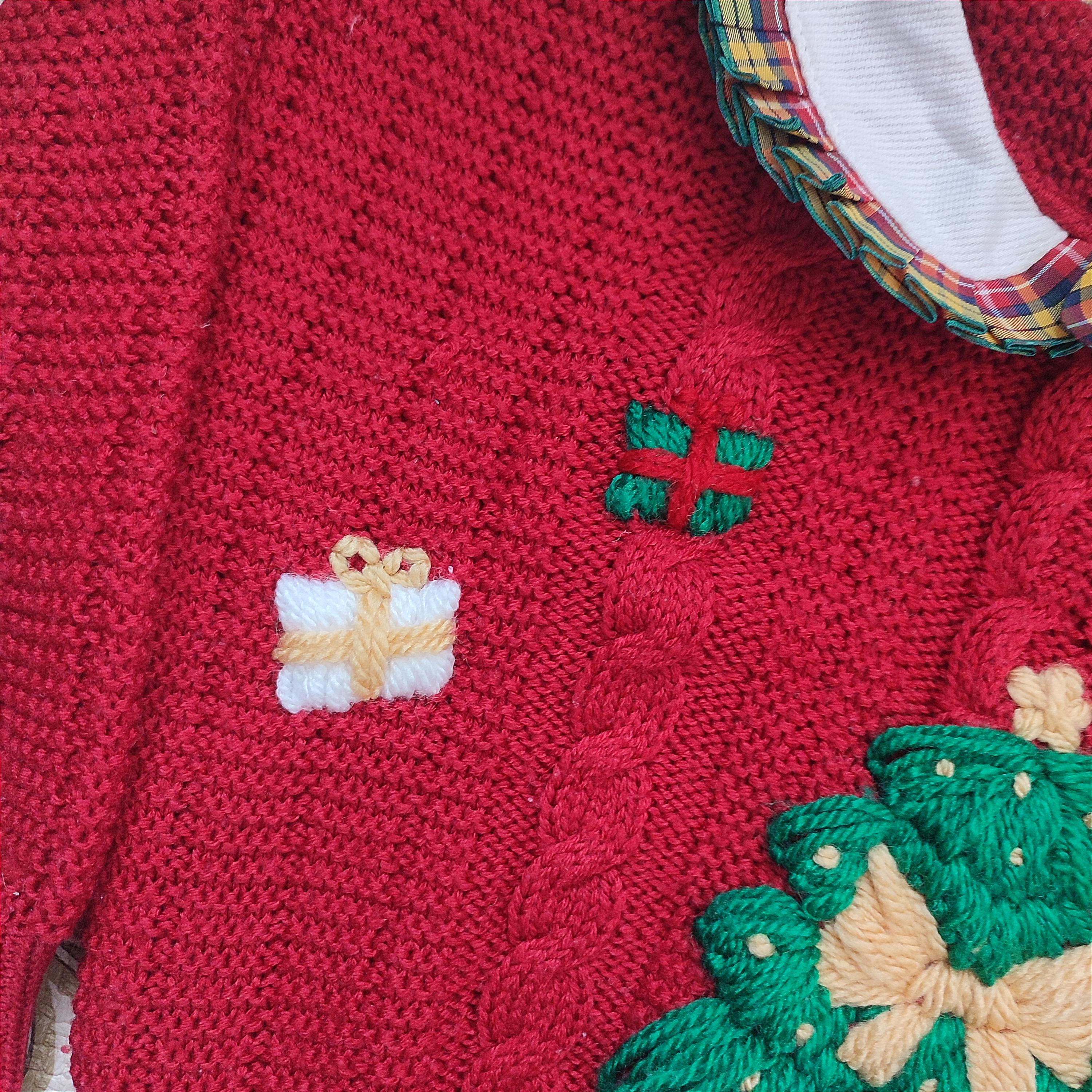 Ready to buy hand embroidered Christmas jumper with Christmas tree bow design, 18-24 Months