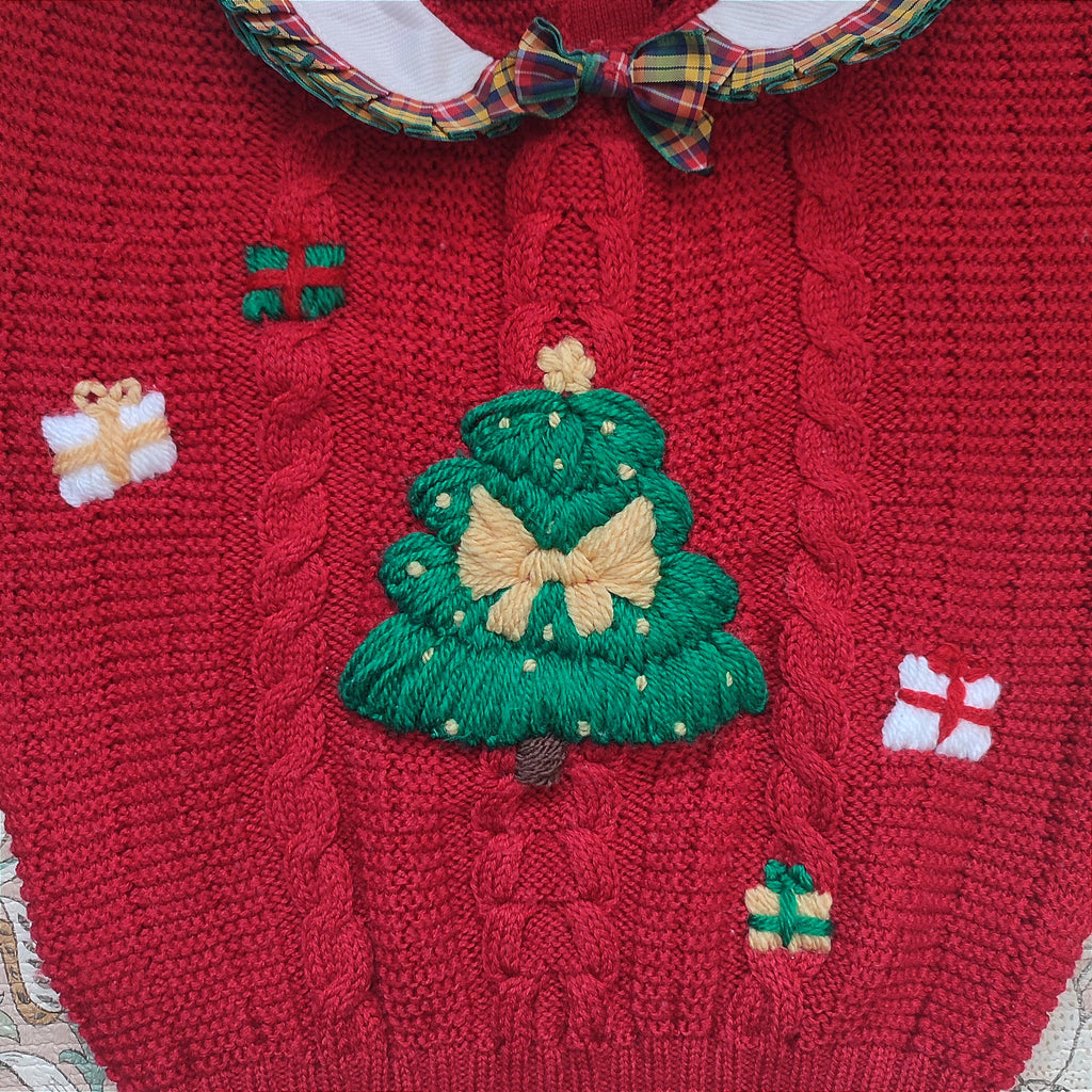 Ready to buy hand embroidered Christmas jumper with Christmas tree bow design, 18-24 Months
