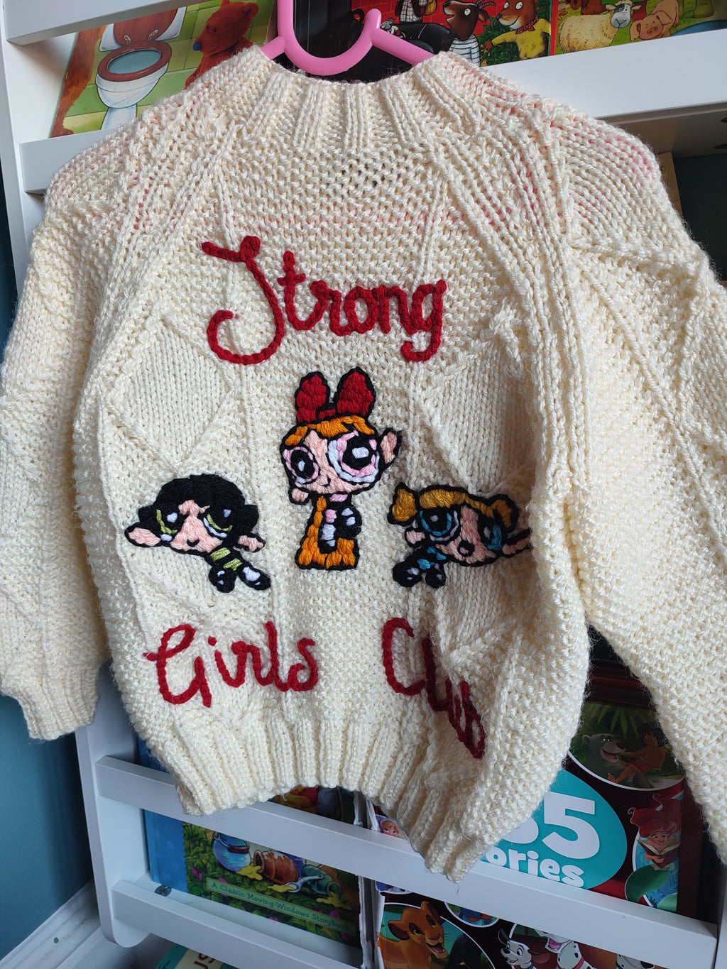 Hand embroidered Power Puff Girls strong girls club design. Hand knitted cream cardigan size 3-5 years