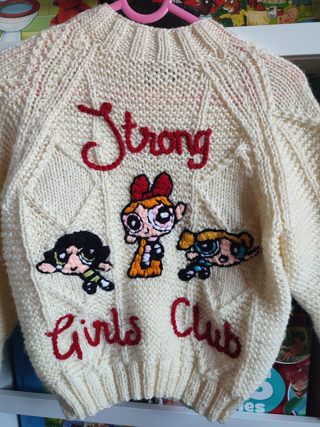 Hand embroidered Power Puff Girls strong girls club design. Hand knitted cream cardigan size 3-5 years