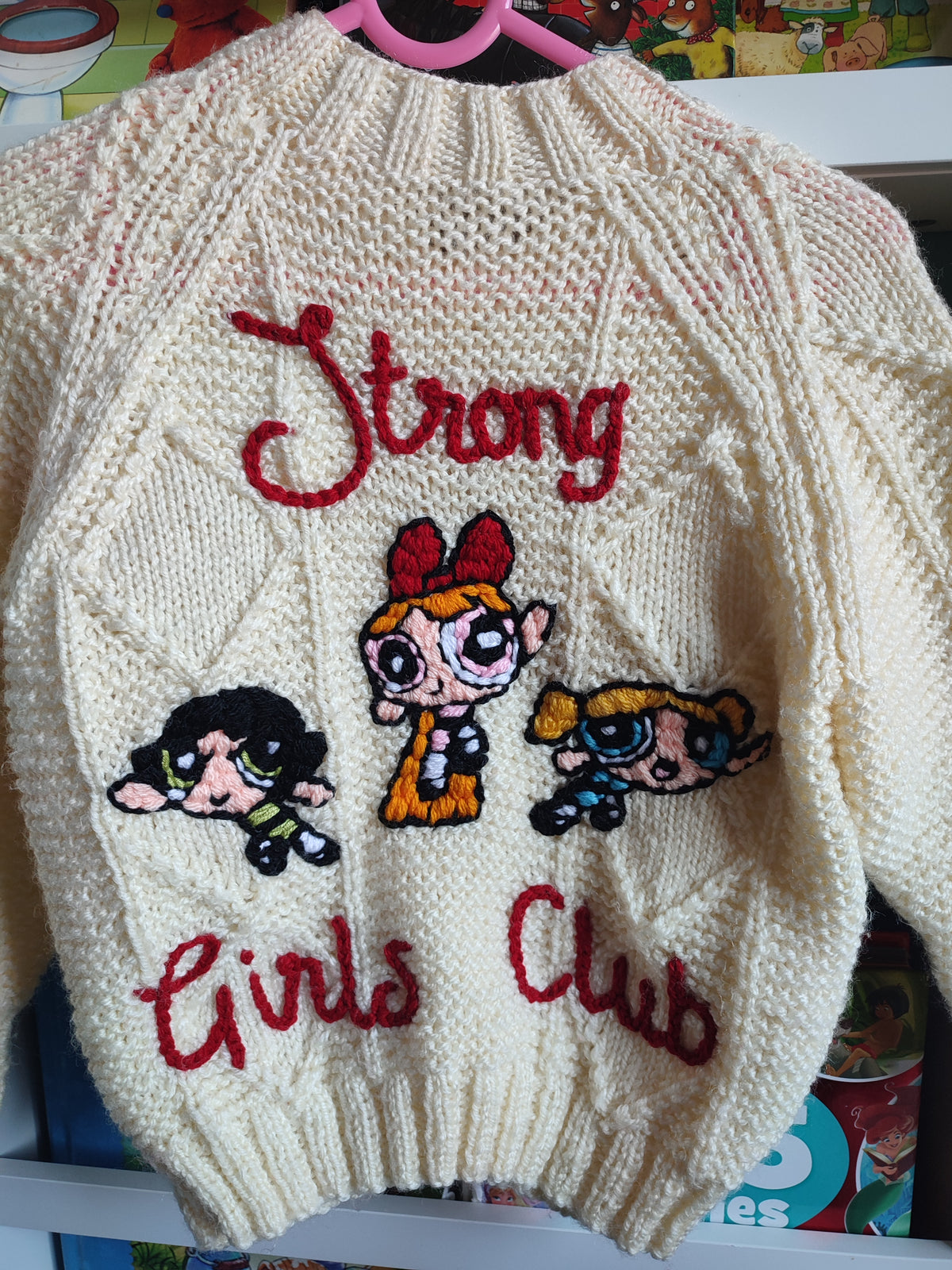 Hand embroidered Power Puff Girls strong girls club design. Hand knitted cream cardigan size 3-5 years
