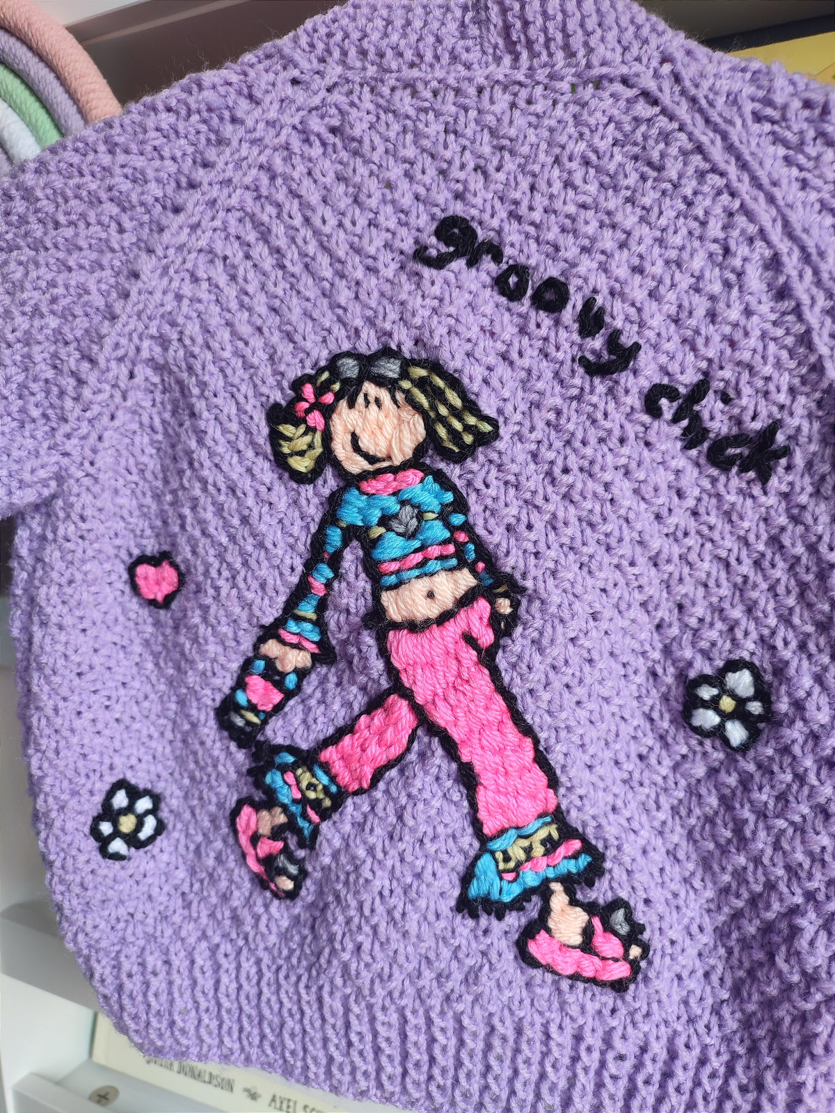 Hand embroidered Groovy chick design. Purple hand knitted cardigan 9-18 months