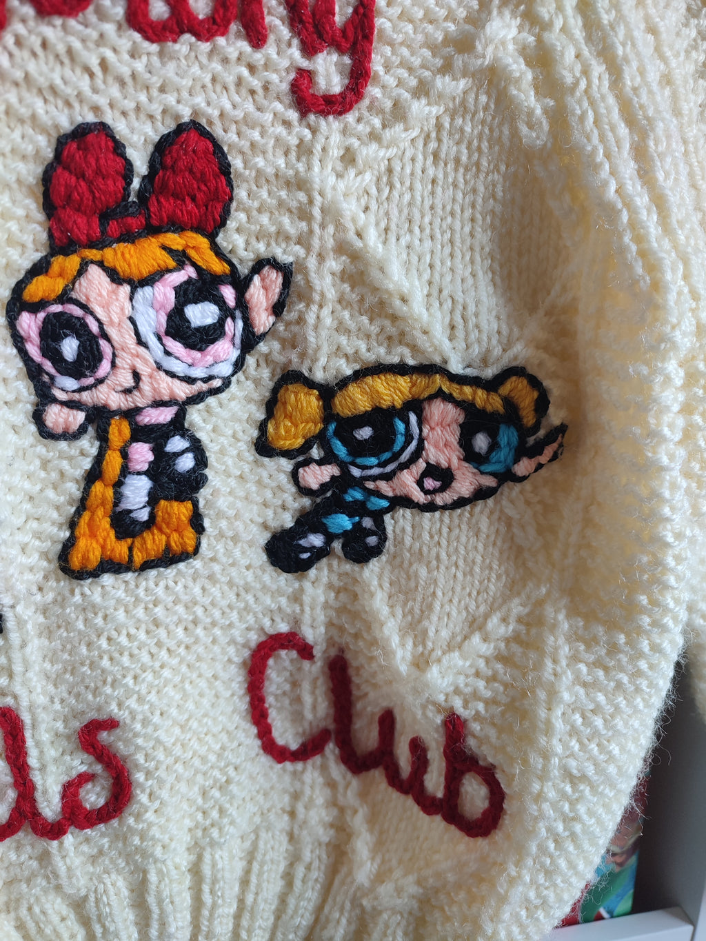 Hand embroidered Power Puff Girls strong girls club design. Hand knitted cream cardigan size 3-5 years