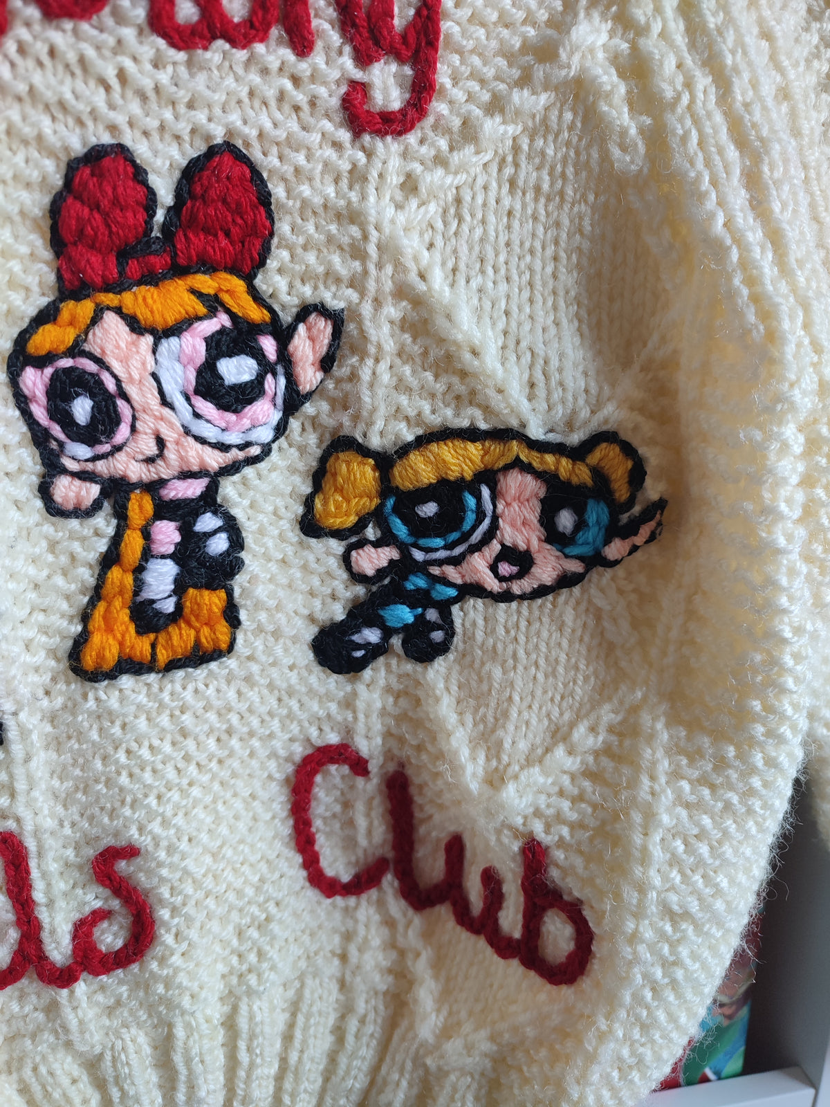 Hand embroidered Power Puff Girls strong girls club design. Hand knitted cream cardigan size 3-5 years