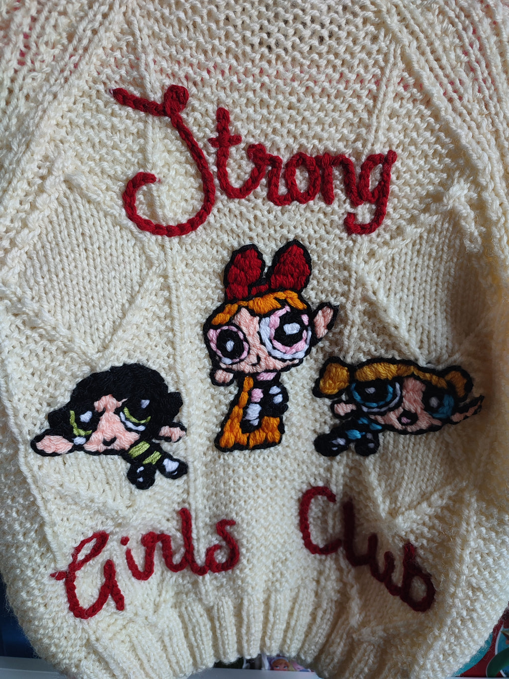 Hand embroidered Power Puff Girls strong girls club design. Hand knitted cream cardigan size 3-5 years