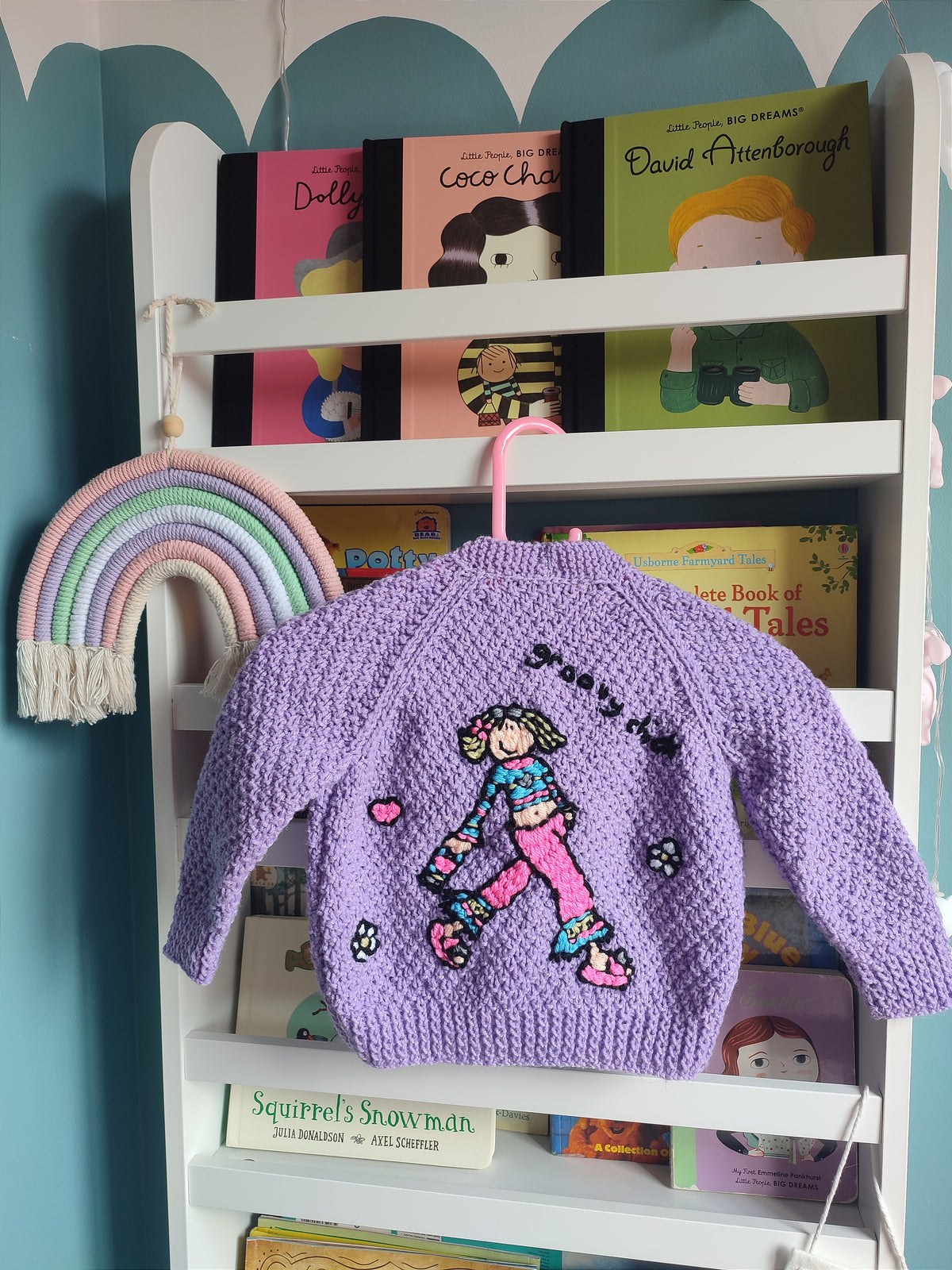 Hand embroidered Groovy chick design. Purple hand knitted cardigan 9-18 months