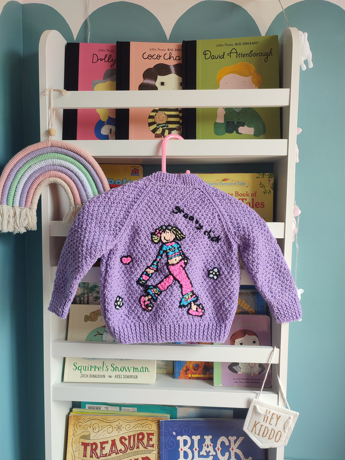 Hand embroidered Groovy chick design. Purple hand knitted cardigan 9-18 months