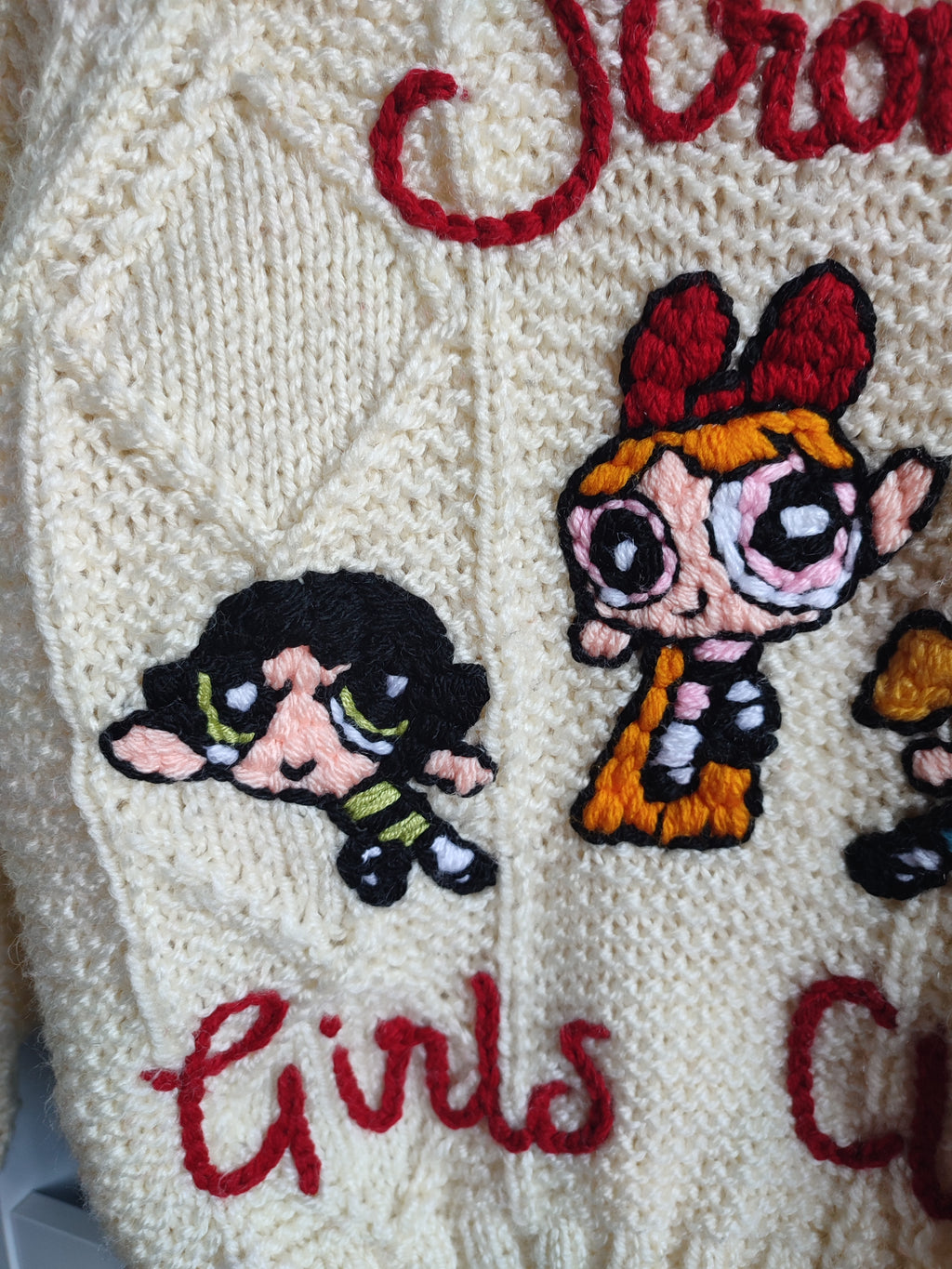 Hand embroidered Power Puff Girls strong girls club design. Hand knitted cream cardigan size 3-5 years
