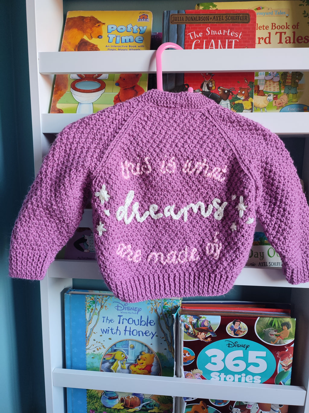 Hand embroidered Lizzie McGuire  this is what dreams are made of design. Pink/purple hand knitted cardigan 9-18 months