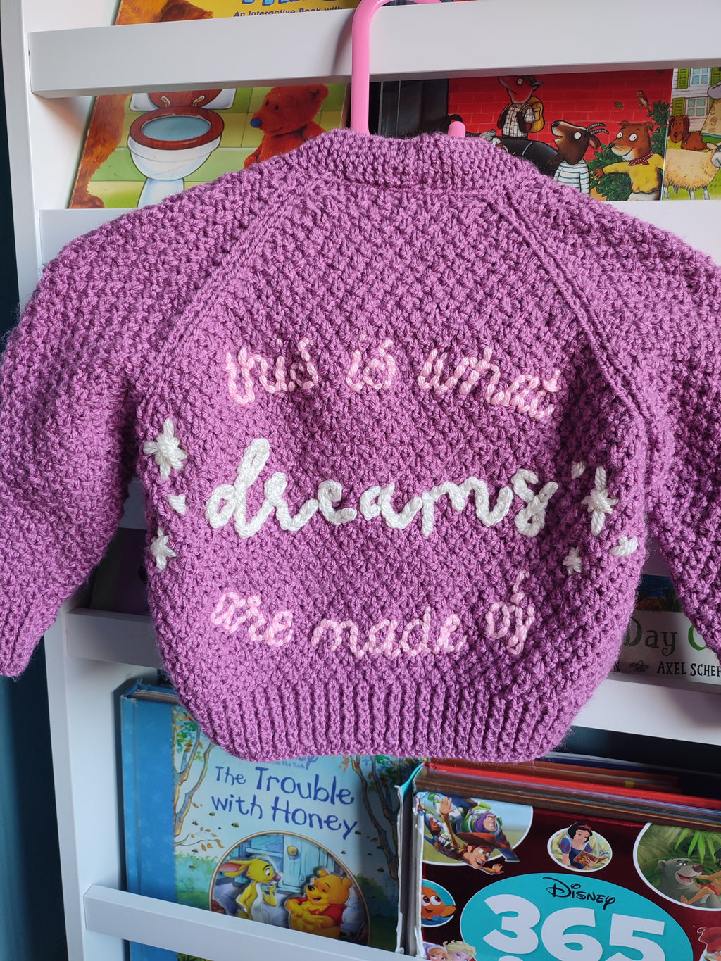Hand embroidered Lizzie McGuire  this is what dreams are made of design. Pink/purple hand knitted cardigan 9-18 months