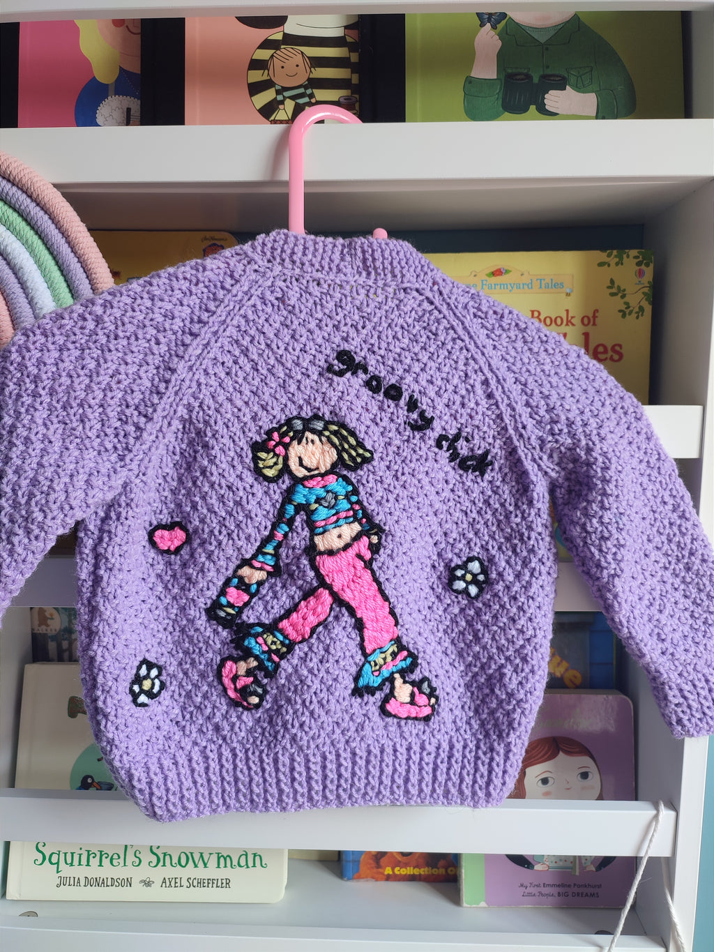 Hand embroidered Groovy chick design. Purple hand knitted cardigan 9-18 months