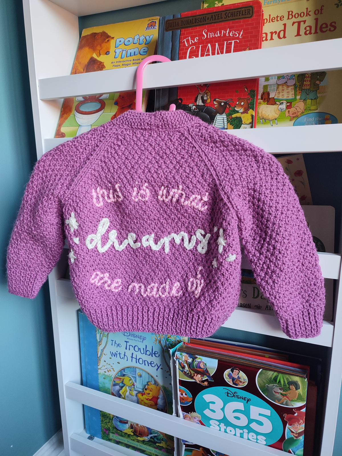 Hand embroidered Lizzie McGuire  this is what dreams are made of design. Pink/purple hand knitted cardigan 9-18 months