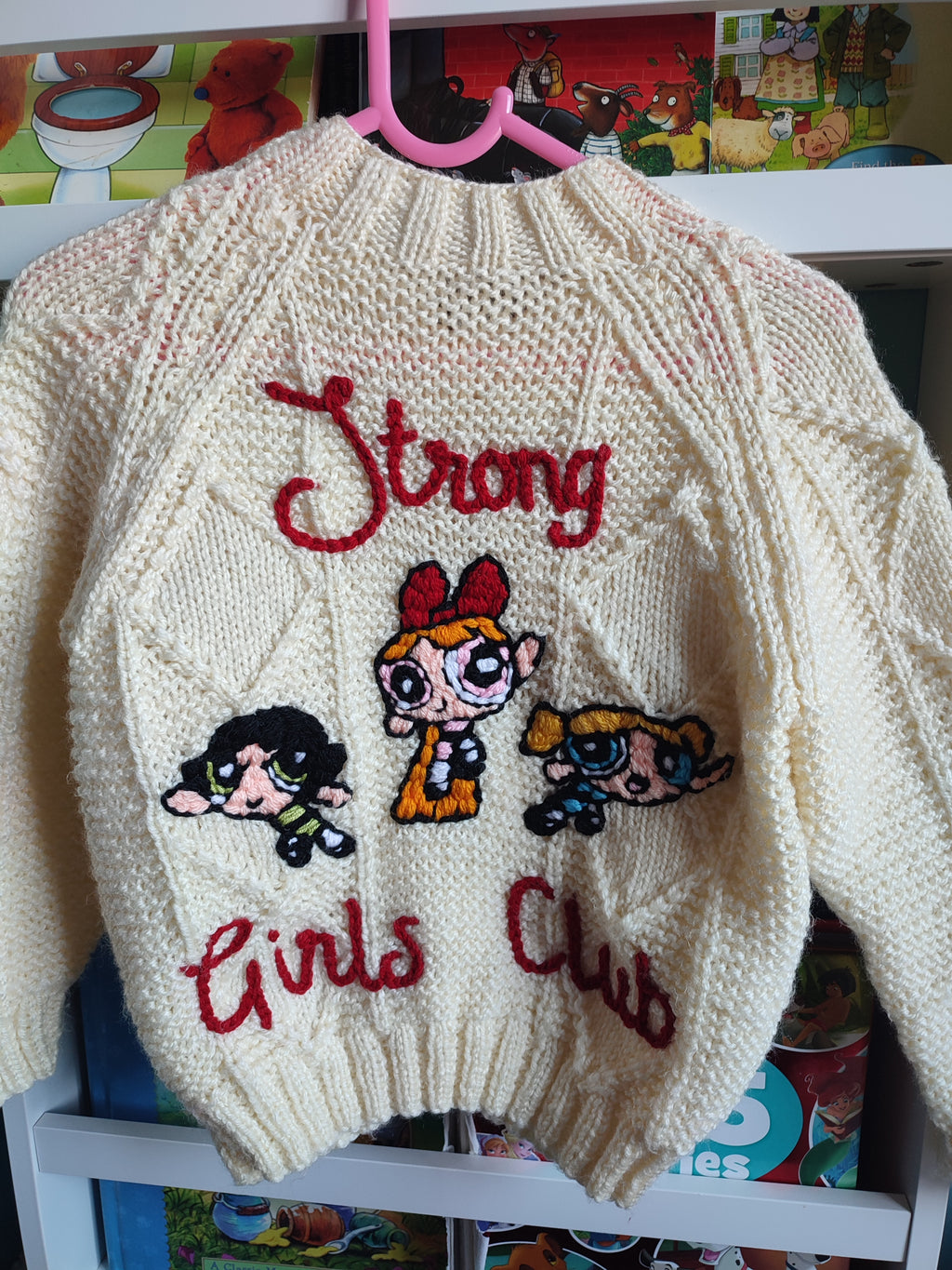 Hand embroidered Power Puff Girls strong girls club design. Hand knitted cream cardigan size 3-5 years