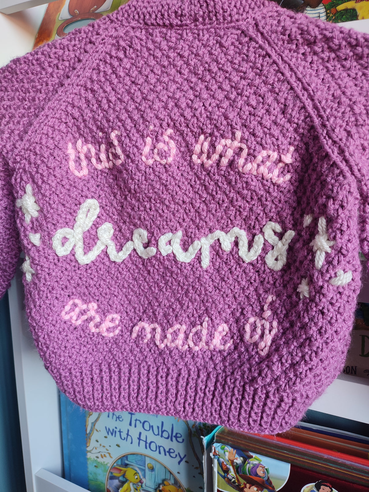 Hand embroidered Lizzie McGuire  this is what dreams are made of design. Pink/purple hand knitted cardigan 9-18 months