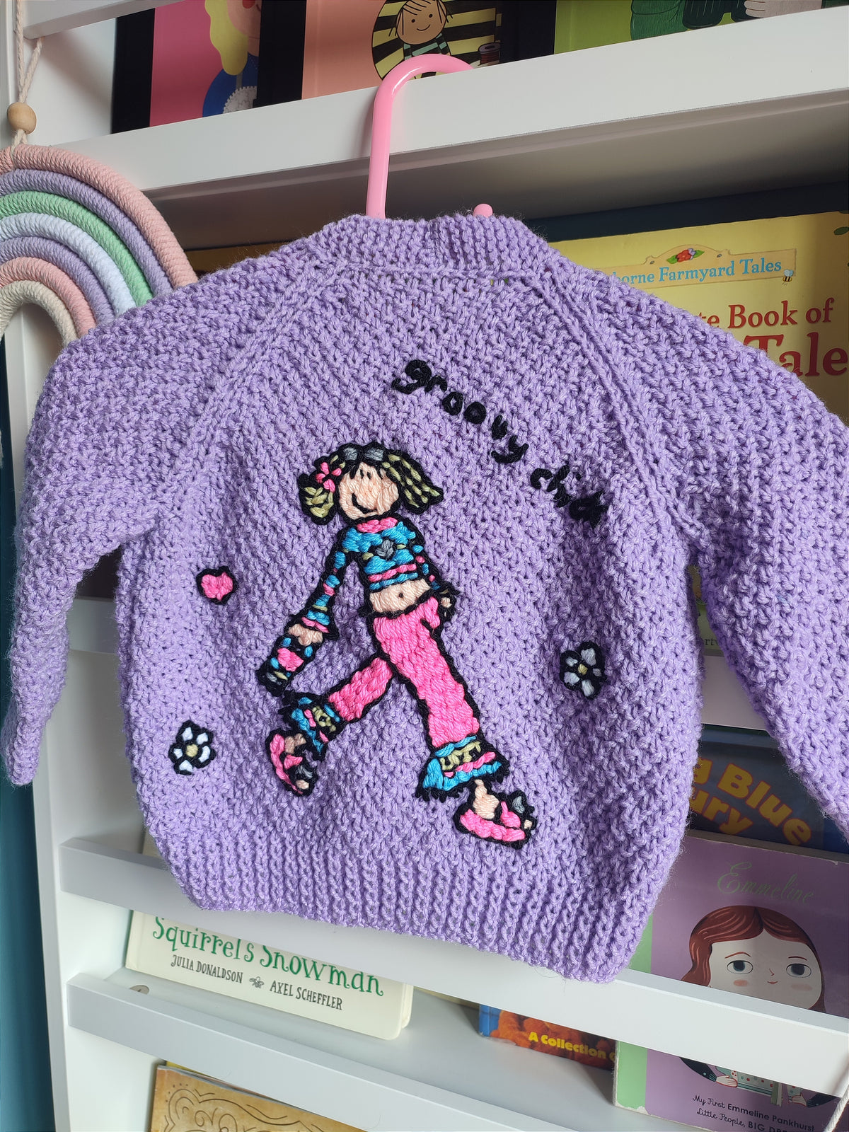 Hand embroidered Groovy chick design. Purple hand knitted cardigan 9-18 months